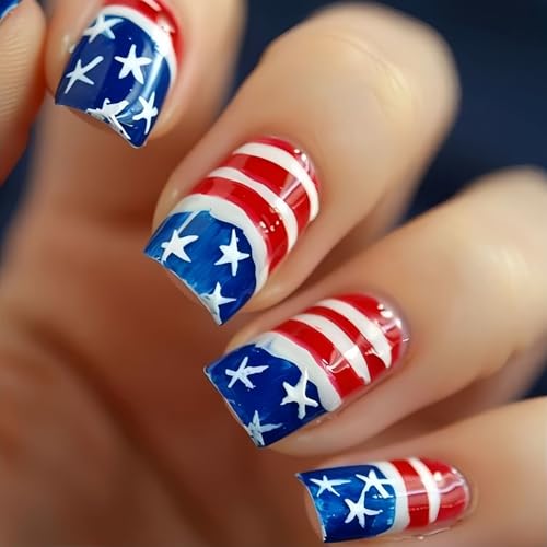 4th of July Press on Nails Medium Square Blue Red USA Flag False Nails