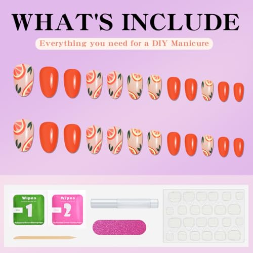 Short Squoval Press On Nails with Orange Pomelo Design 24Pcs