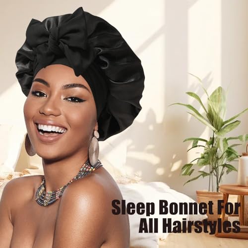 VOGTORY Double Layer Satin Sleep Bonnet with Tie Band for Curly Hair