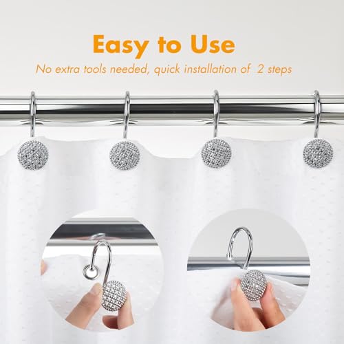 Pearlbee Chrome Shower Curtain Hooks - Round Beaded Design, 12 Pack, Zinc Alloy