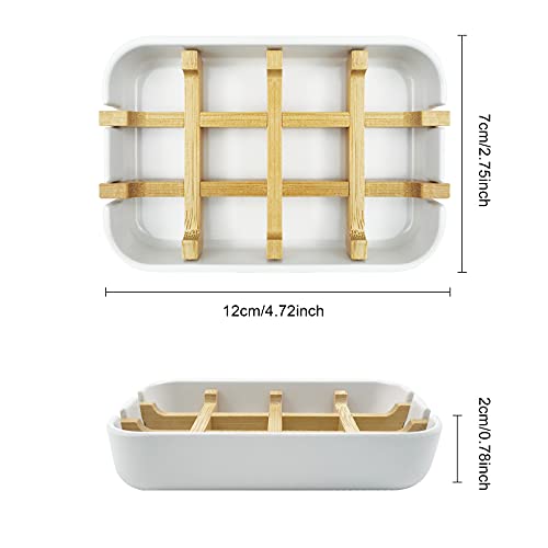 2 Pack Bamboo Soap Dish - Self-Draining Natural Wooden Bar Soap Holder (White)