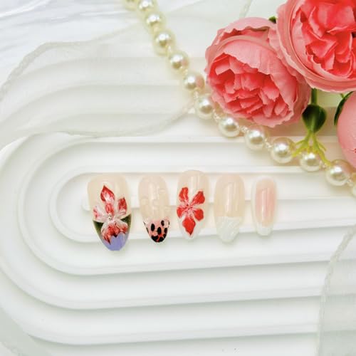 3D Floral Press On Nails Medium Almond French Tip False Nails