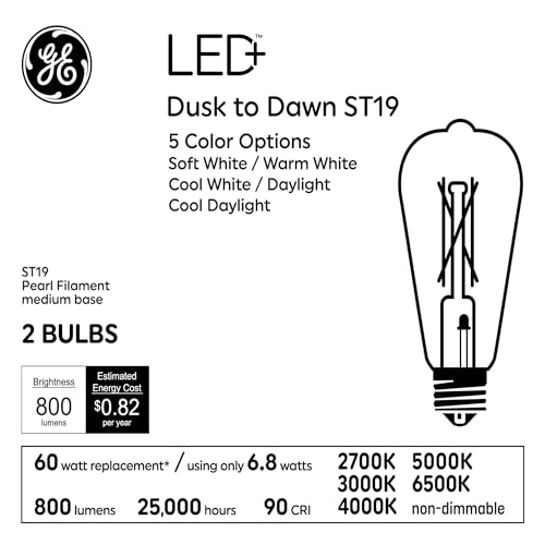 GE LED+ Dusk to Dawn Security Light Bulbs 60W Replacement, Decorative ST19, Medium Base, Color Select, 2 Pack