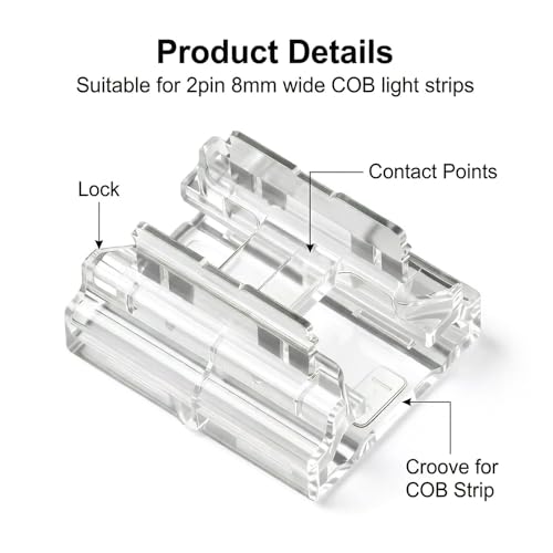 20 Pack COB LED Strip Connectors - 10mm 2 Pin Transparent Connectors