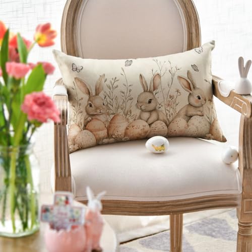 Easter Bunny Flowers Throw Pillow Cover 12x20 Inch - Durable Polyester