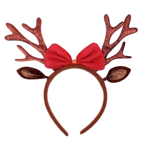 Ecuupas Brown Glitter Antlers Christmas Headband with Red Bow