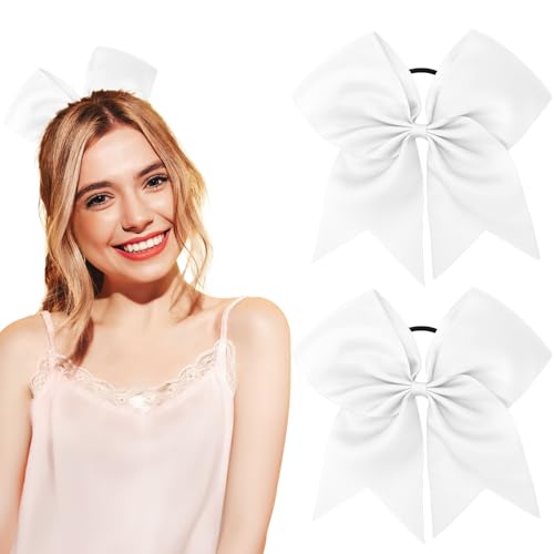 Large White Hair Bows for Cheerleaders - 8 Inch Cheer Bow with Elastic