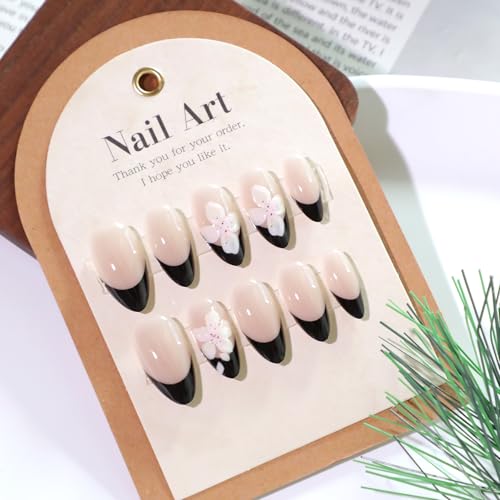 3D Flower Press on Nails Black French Tip Short Almond Fake Nails