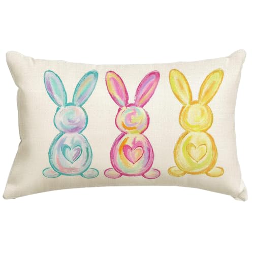 Easter Bunny Throw Pillow Cover 12x20 Inch - Colorful Spring Decor