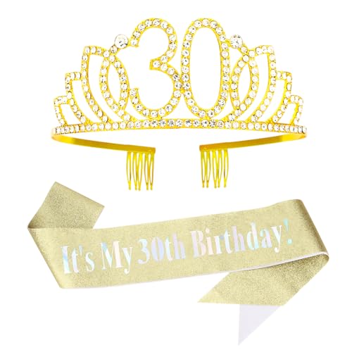 CURASA 30th Birthday Crown and Gold Sash Set for Women Party
