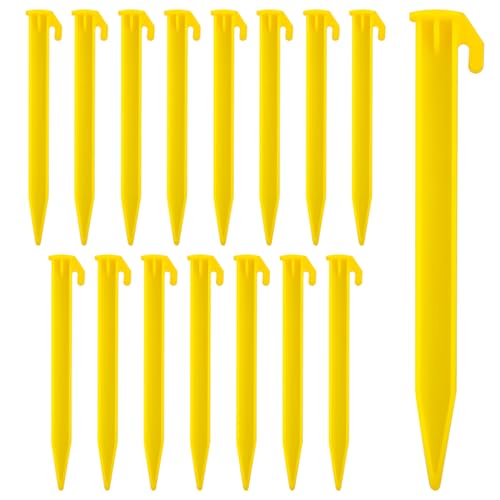 16PCS Plastic Tent Stakes, 5.7 Inch Durable Spike Hook Pegs Serrated Edges Heavy Duty Canopy Anchoring Awning Camping Carava Pegs for Outdoor Lawn Beach Garden Decoration and Fixation(Yellow)