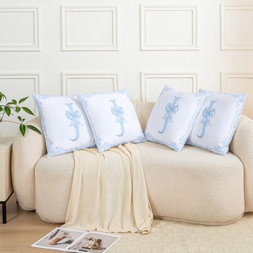 Blue J Throw Pillow Cover 16"x16" - Watercolor Floral Bow Design