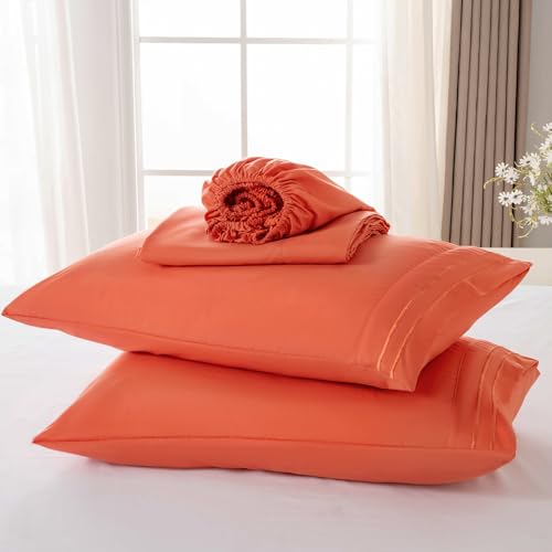 Orange Red Queen Sheet Set - 4 Piece Breathable Cooling Bedding, Deep Pocket