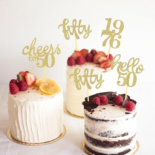 Gold 50th Birthday Cupcake Toppers - 24 Pcs Cheers to 50 Picks