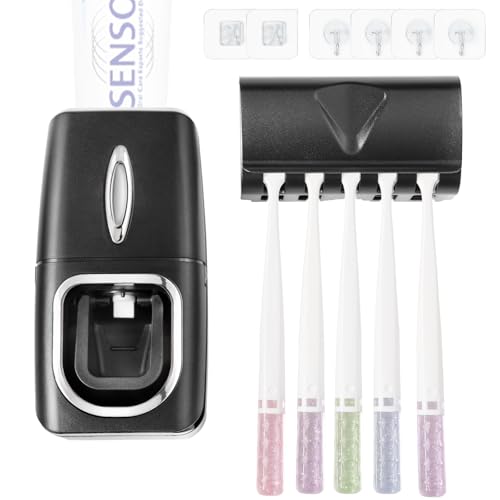 Black Toothbrush Holder & Automatic Toothpaste Dispenser Set, Hands-Free Bathroom Organizer