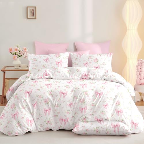 Pink Floral Twin Duvet Cover Set with Bow - Kids Girls Bedding 2Pcs