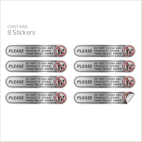 Do Not Flush Toilet Sign Stickers - Brushed Silver Vinyl, 8 Pack, 5x1in
