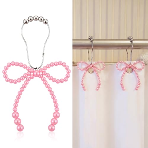 Pink Pearl Bow Shower Curtain Hooks - 12 Decorative Rings