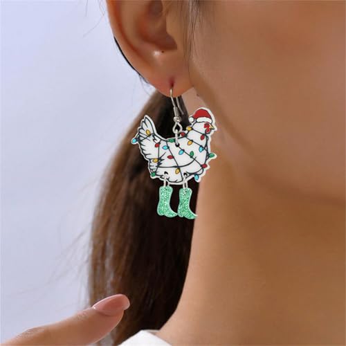 Christmas Earrings for Women - Green Christmas Chicken - Festive Santa Tree Cat Dinosaur Acrylic Holiday Jewelry