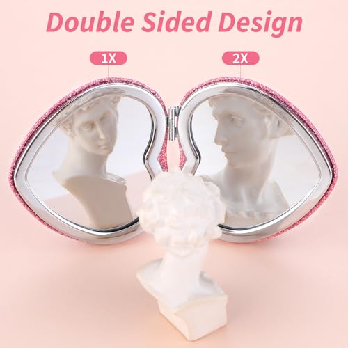 Dimeho Heart Shaped Compact Folding Mirror - Double Sided Portable Travel Makeup Vanity Mirror with 2X Magnification, Pink-Silver Glitter