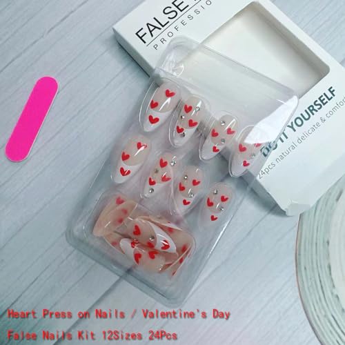Red Heart French Tip Press on Nails with Rhinestones Medium Pointed