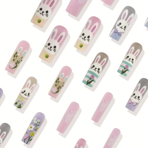 Easter Press on Nails Long Square Cute Bunny Spring Flower False Nails