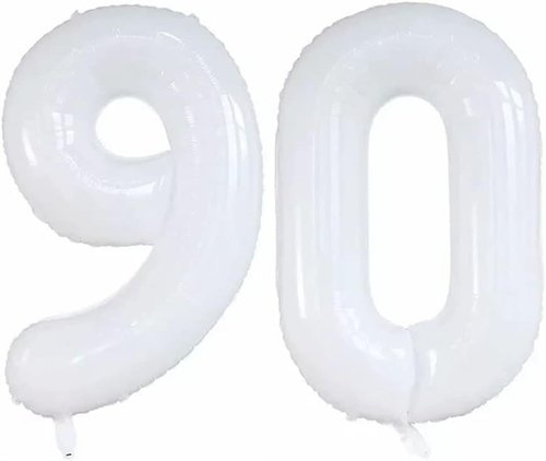 GOER 90th Birthday Balloons - 42 Inch Jumbo Foil Helium Decorations in White for 90th Anniversary