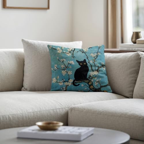 Van Gogh Almond Blossom Cat Pillow Cover 18x18 - Gift for Cat Lovers
