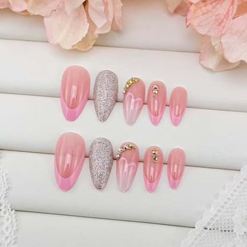 Valentines French Tip Press on Nails Short Almond Pink Heart Fake Nails
