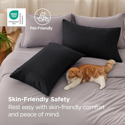 Queen Size Black Pillowcase Set of 2 - Microfiber Wrinkle & Stain Resistant Bed Pillow Covers