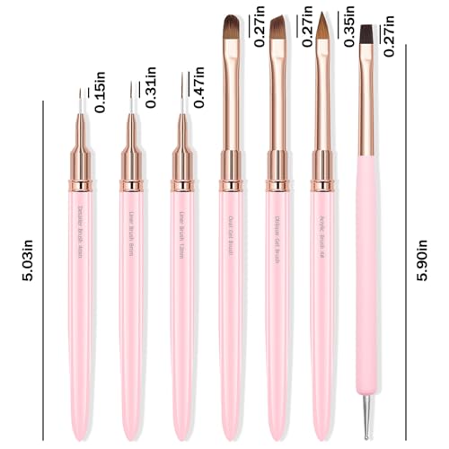 WOKOTO 7-Piece Pink Nail Art Brush Set for Acrylic and Gel Nails