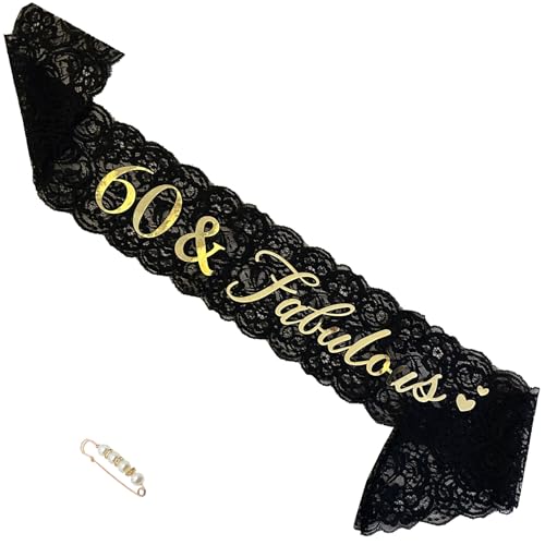 60th Birthday Sash with Pearl Pin – Stylish Black Lace Design