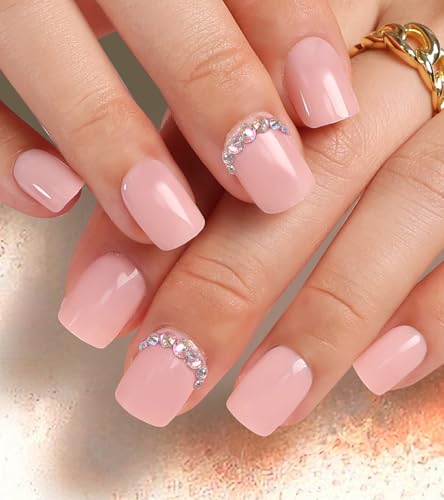 Kikmoya Short Square Press On Nails Glossy Nude Fake Nails with Rhinestones