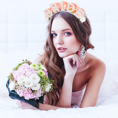 AMCAMI Bride Headband with Pearls and Pink Roses for Bachelorette Party