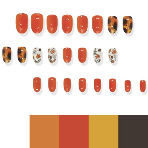 Fall Short Press on Nails Oval Orange Maple Leaf Acrylic False Nails