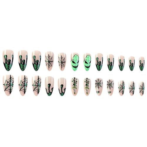 Posyofet Halloween Medium Almond False Nails Green Spider Web Press Ons