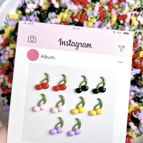 200Pcs 3D Cherry Nail Charms Resin Fruit Flatback Rhinestones for DIY Nail Art