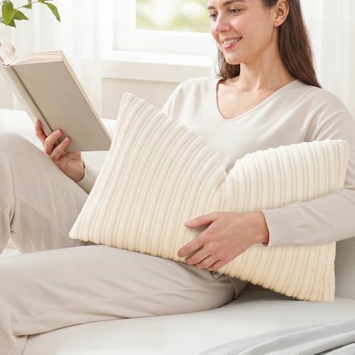 Kevin Textile Striped Corduroy Pillow Covers, 12”x20” - 2 Pack, Cream White