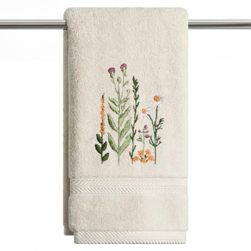 Artoid Mode 1 Pc Beige Wildflower Embroidered Cotton Hand Towel 13.7 x 29.5 Inches