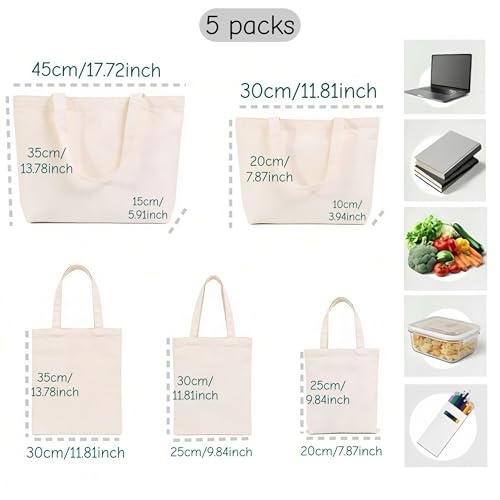 5 Pack Reusable Canvas Tote Bags - Premium Grocery and Shopping Bags