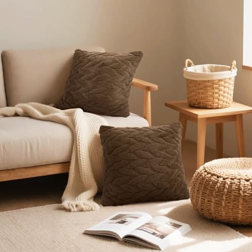 Brown Faux Fur Throw Pillow Covers 18x18 Inch, Set of 2 Embroidered Leaf