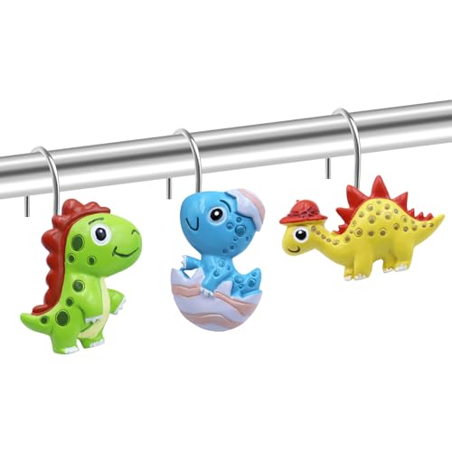Dino Shower Curtain Hooks - Cute T-Rex Bathroom Decor (12 PCS)