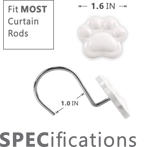 Popkozzi Cat Paw Print Shower Curtain Hooks - 12Pcs Rustproof Rings