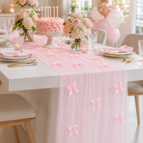 Pink Gauze Pearl Table Runner with Bow - 30x120 Inch for Weddings & Parties
