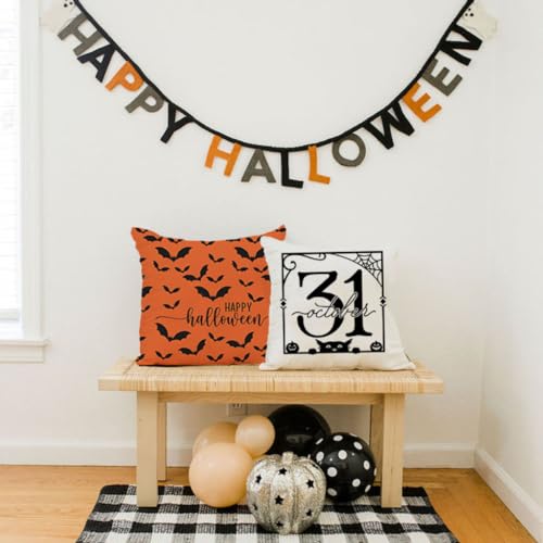 Halloween Throw Pillow Covers 18x18 Set of 4, Orange & Black Farmhouse Decor