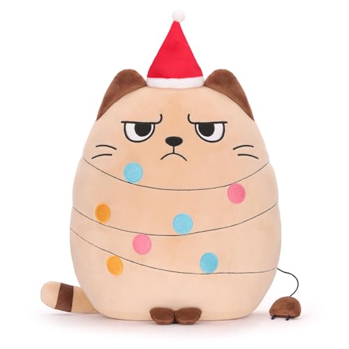 AGIFTMIND 12 Inch Beige Christmas Cat Plush Pillow - Holiday Decor & Gift