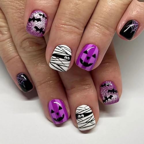 Halloween Press on Nails Short Square Glossy Fake Nails with Mummy Bat Designs