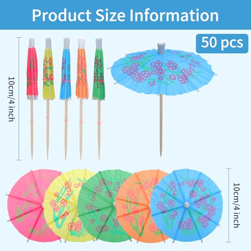 50 Pcs Tropical Cocktail Umbrellas & Toothpicks - 4-inch Mini Paper Drink Picks for Garnishes