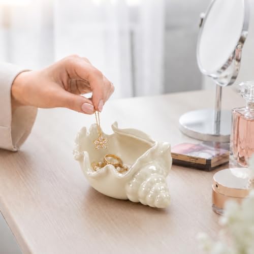 PUDDING CABIN White Conch Shell Jewelry Dish - Coastal Beach Vanity Ring Holder - Conch-White