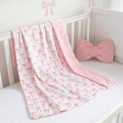 Lounsweer Pink Bow Baby Blanket, Soft Fleece 3D Polka Dot Throw, 30x40 Inch